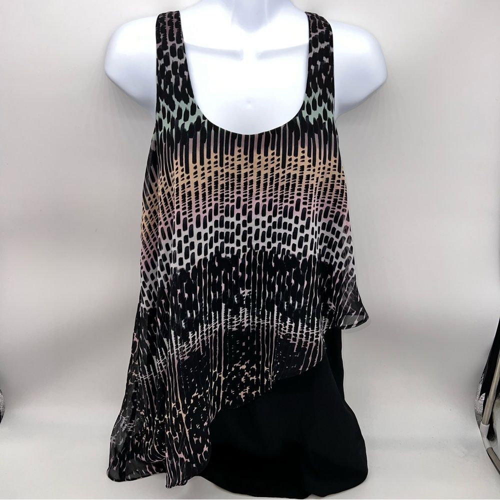 silence + noise Multitiered Tank Top Black Base Multi-colored Print Top Layer-Sm